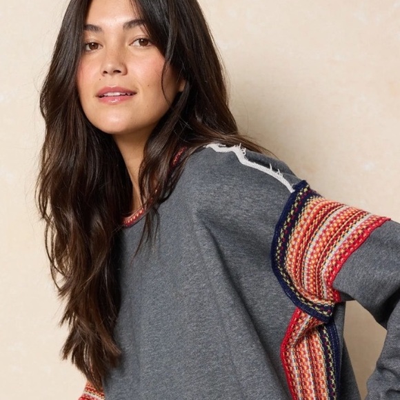 NATURAL LIFE Sweaters - Natural Life - Colorful Knit Trim - Oversized Sweatshirt - Boho Sleeves - L/XL